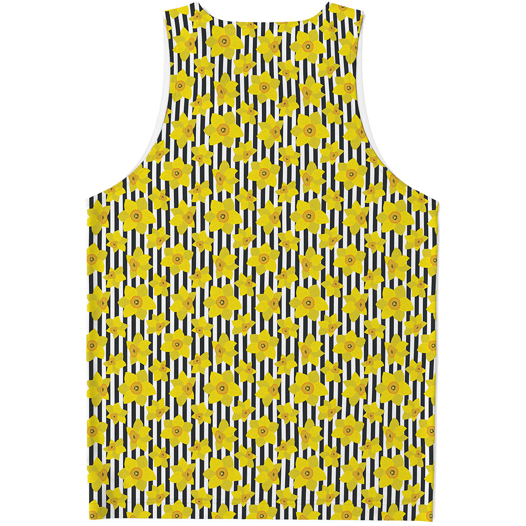 Black Striped Daffodil Pattern Print Men's Tank Top