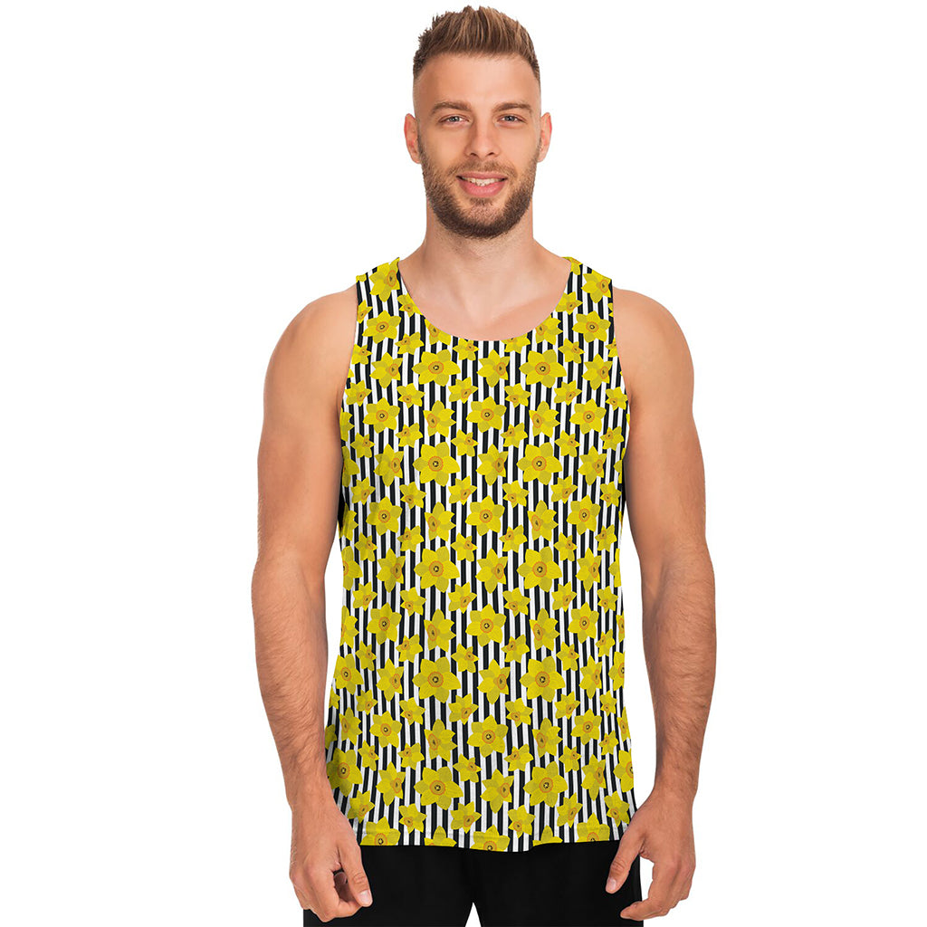 Black Striped Daffodil Pattern Print Men's Tank Top
