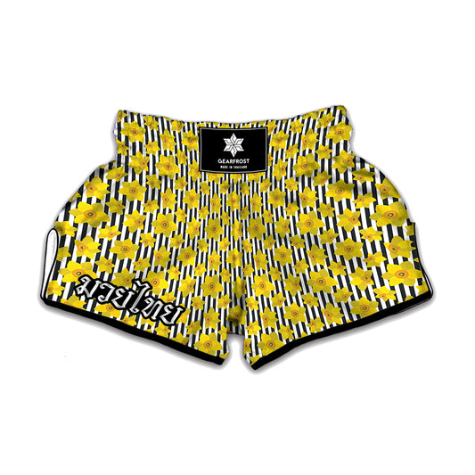 Black Striped Daffodil Pattern Print Muay Thai Boxing Shorts