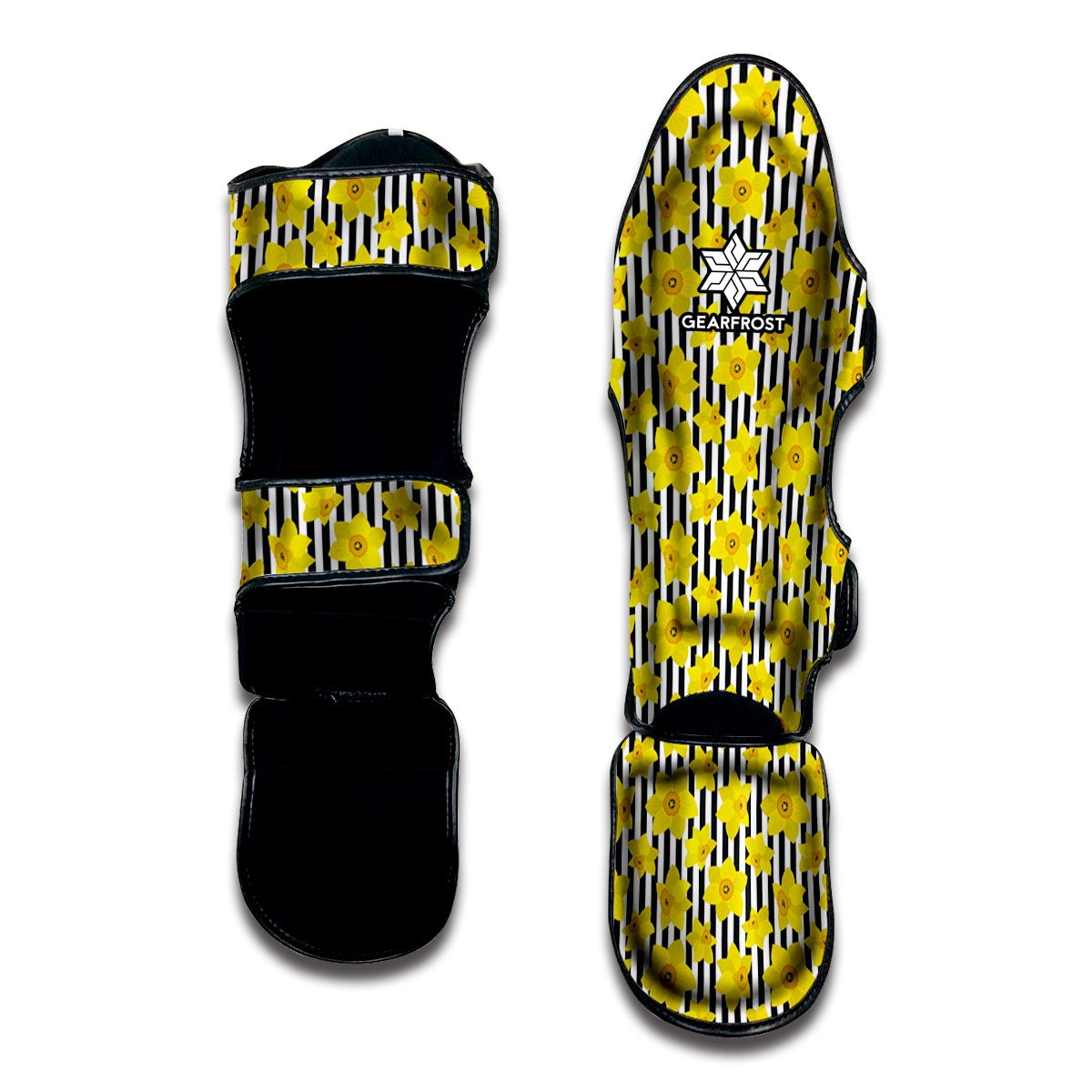 Black Striped Daffodil Pattern Print Muay Thai Shin Guard