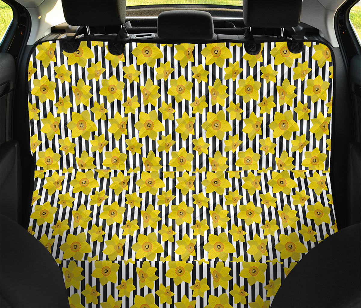 Black Striped Daffodil Pattern Print Pet Car Back Seat Cover