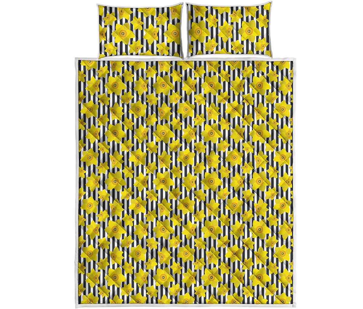 Black Striped Daffodil Pattern Print Quilt Bed Set