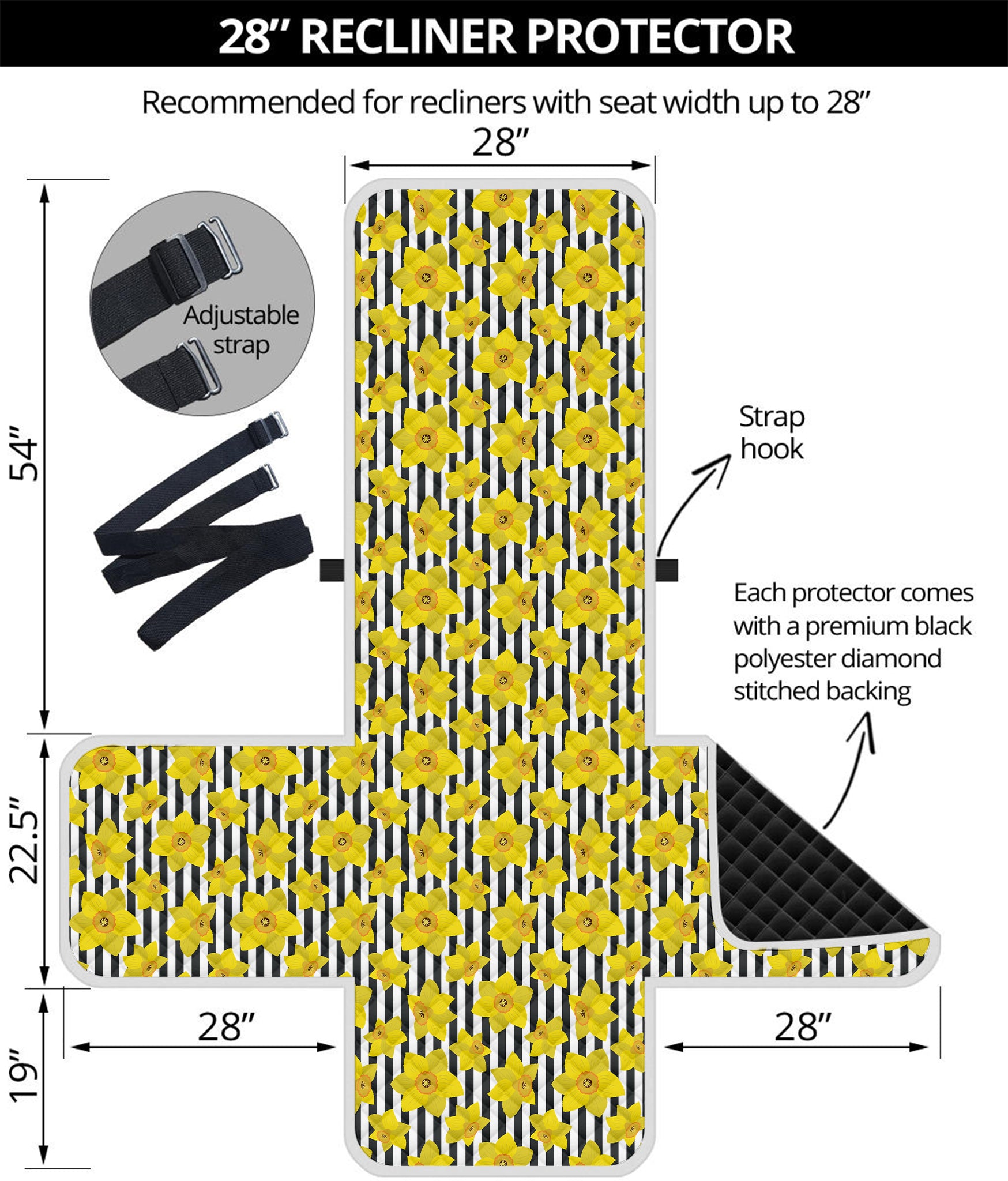 Black Striped Daffodil Pattern Print Recliner Protector