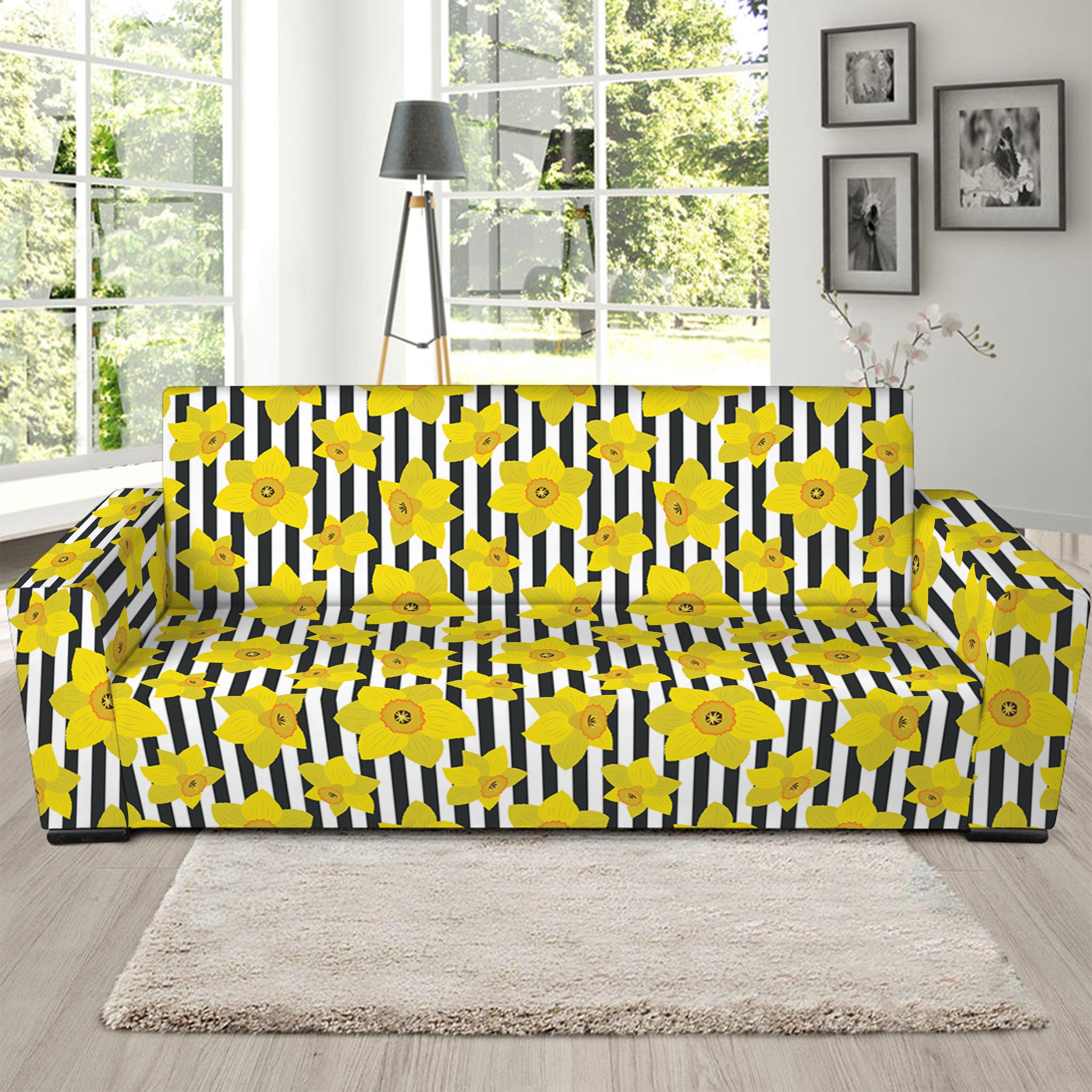 Black Striped Daffodil Pattern Print Sofa Slipcover