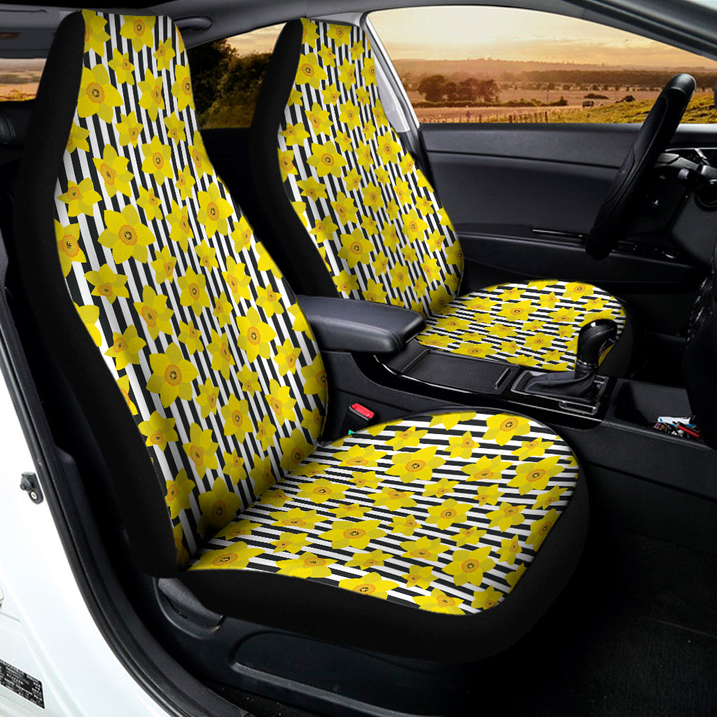Black Striped Daffodil Pattern Print Universal Fit Car Seat Covers