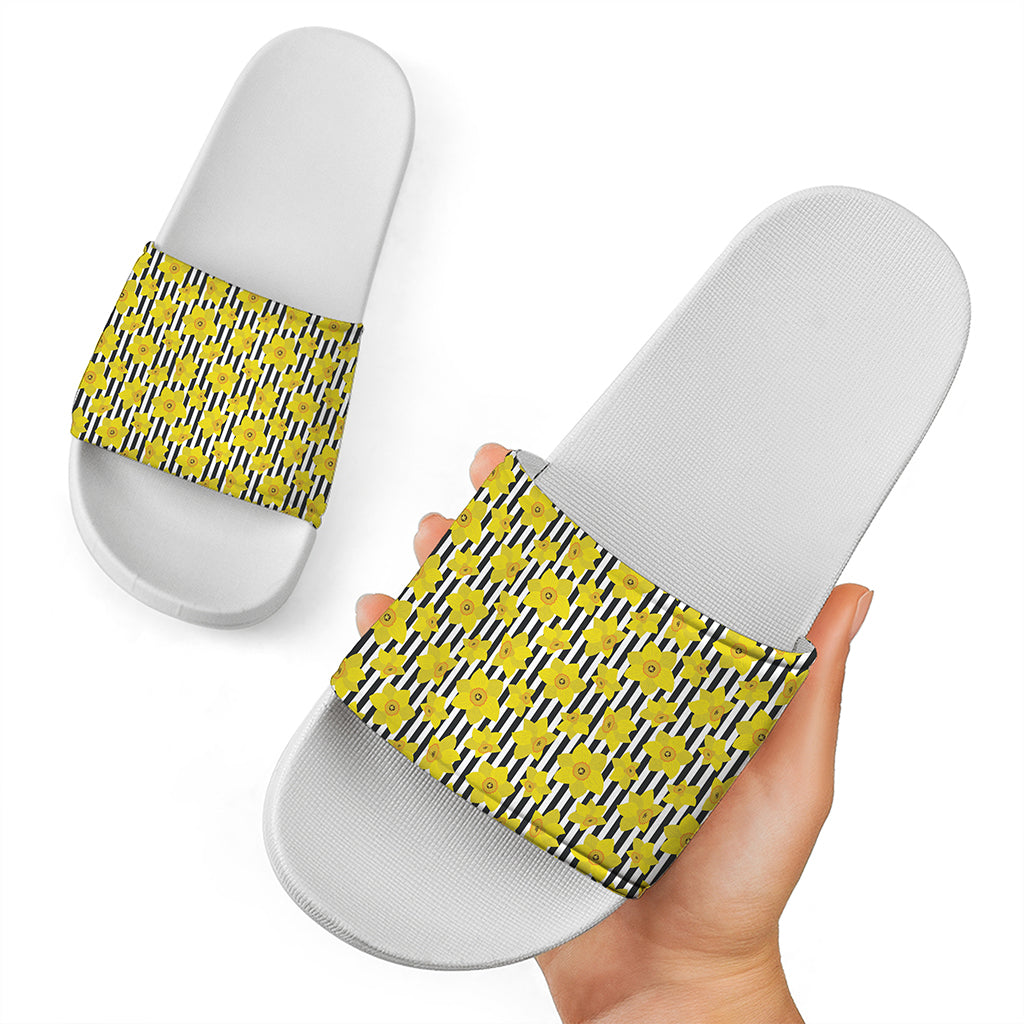Black Striped Daffodil Pattern Print White Slide Sandals