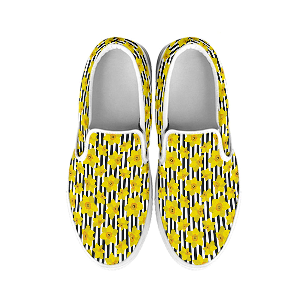 Black Striped Daffodil Pattern Print White Slip On Shoes