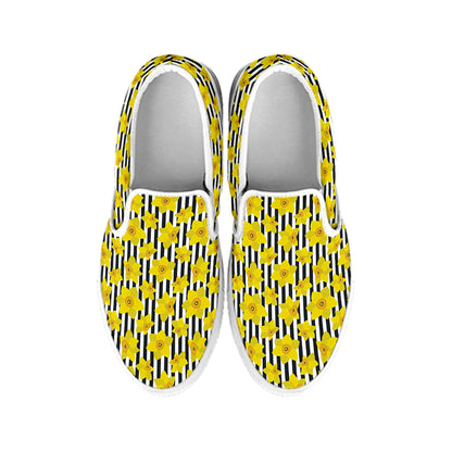 Black Striped Daffodil Pattern Print White Slip On Shoes
