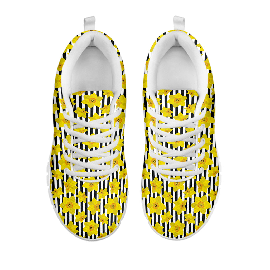 Black Striped Daffodil Pattern Print White Sneakers