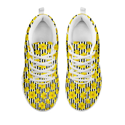 Black Striped Daffodil Pattern Print White Sneakers