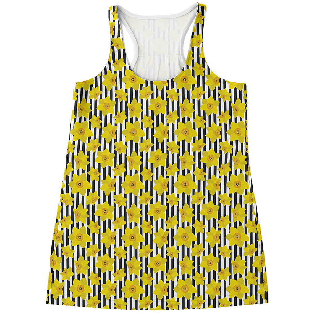 Black Striped Daffodil Pattern Print Women's Racerback Tank Top
