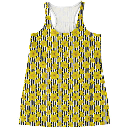 Black Striped Daffodil Pattern Print Women's Racerback Tank Top