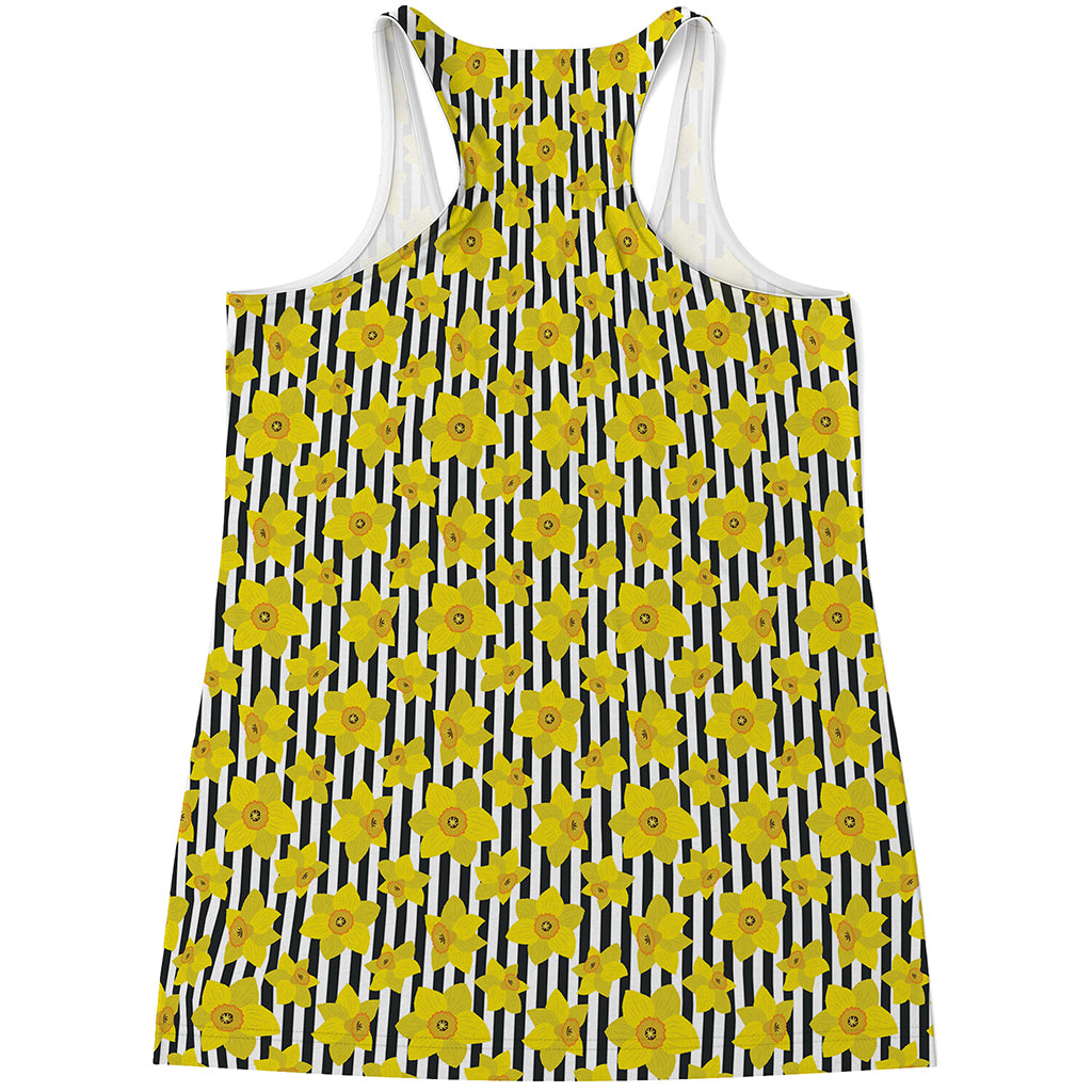 Black Striped Daffodil Pattern Print Women's Racerback Tank Top