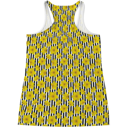 Black Striped Daffodil Pattern Print Women's Racerback Tank Top