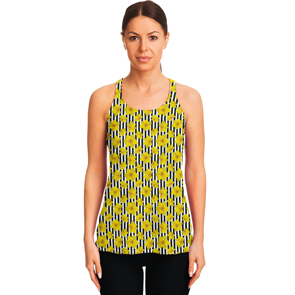 Black Striped Daffodil Pattern Print Women's Racerback Tank Top