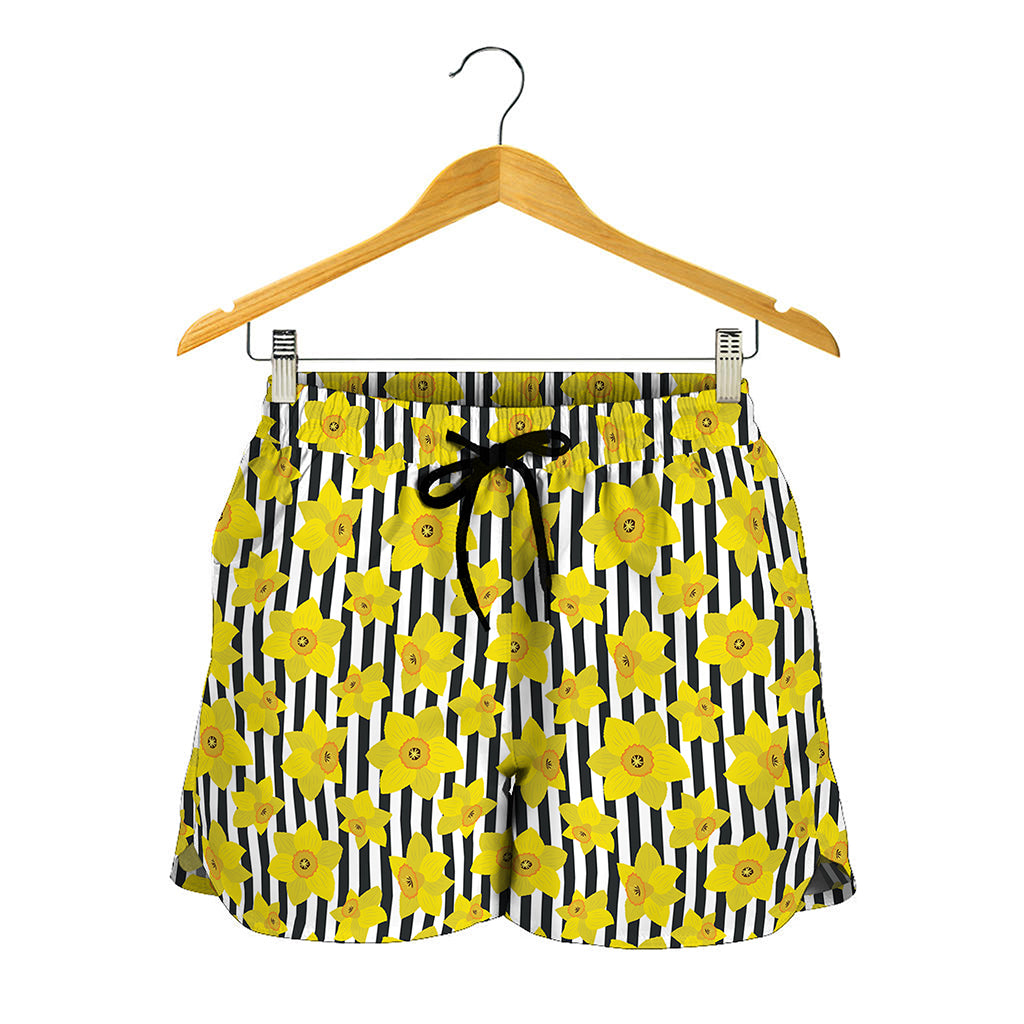 Black Striped Daffodil Pattern Print Women's Shorts