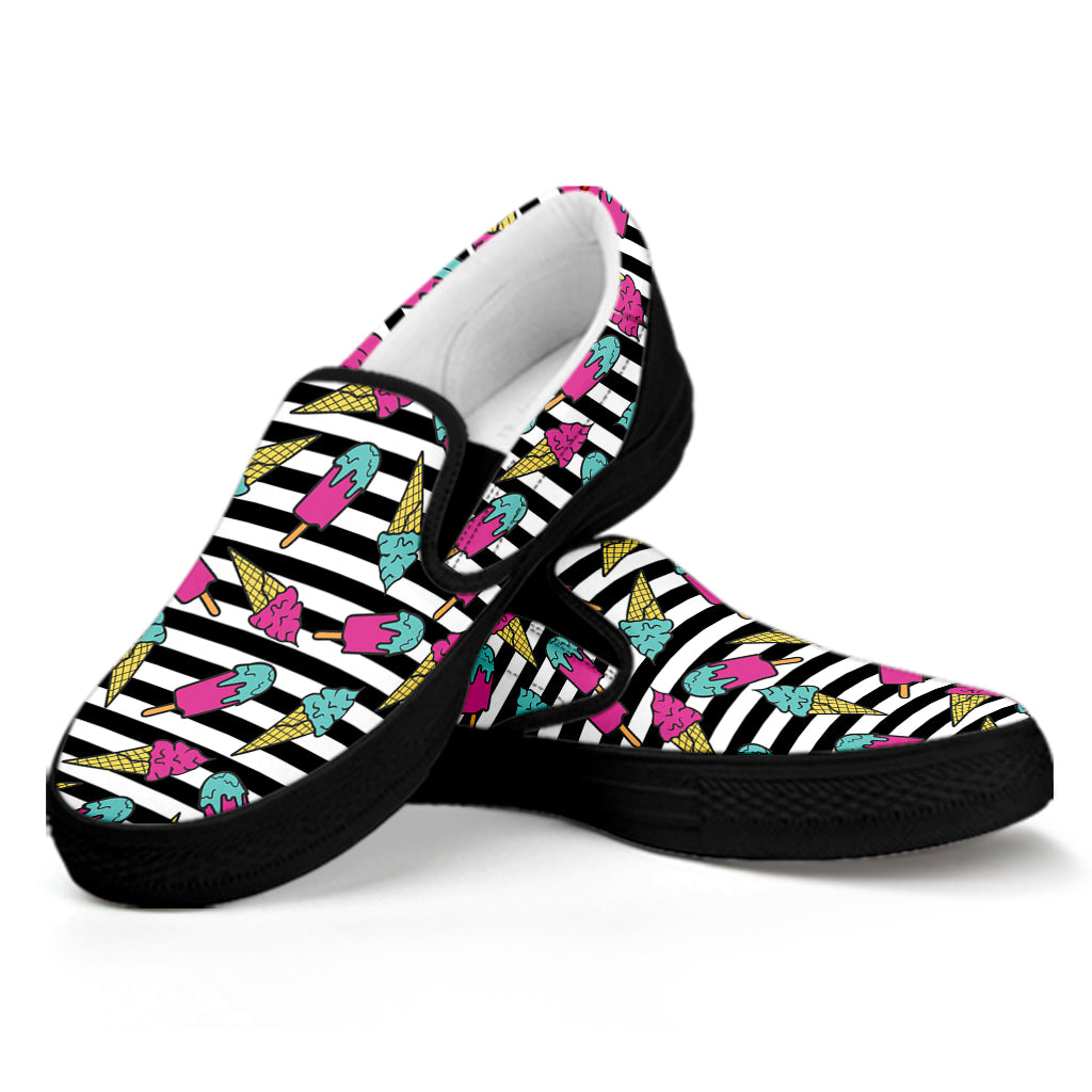 Black Striped Ice Cream Pattern Print Black Slip On Shoes