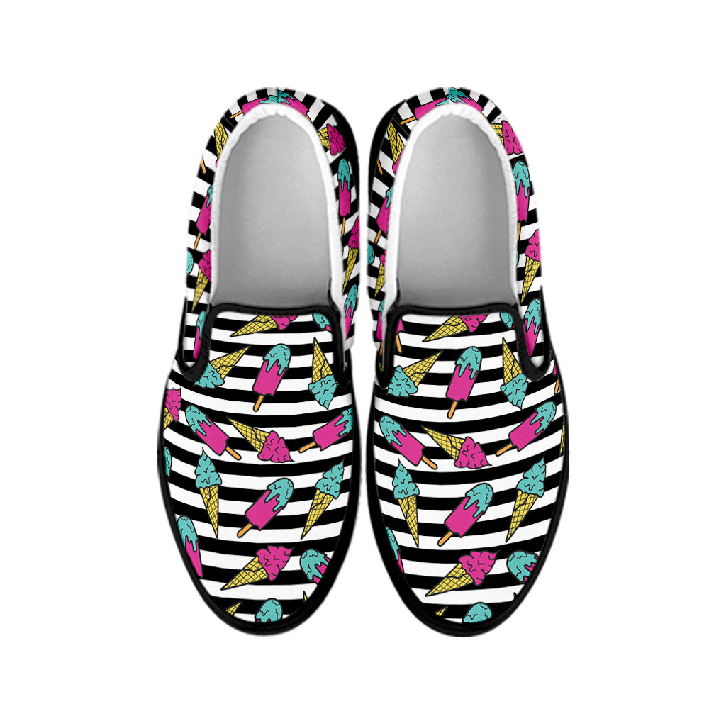 Black Striped Ice Cream Pattern Print Black Slip On Shoes