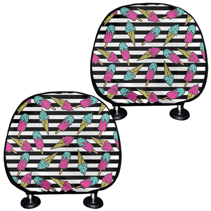 Black Striped Ice Cream Pattern Print Car Headrest Covers