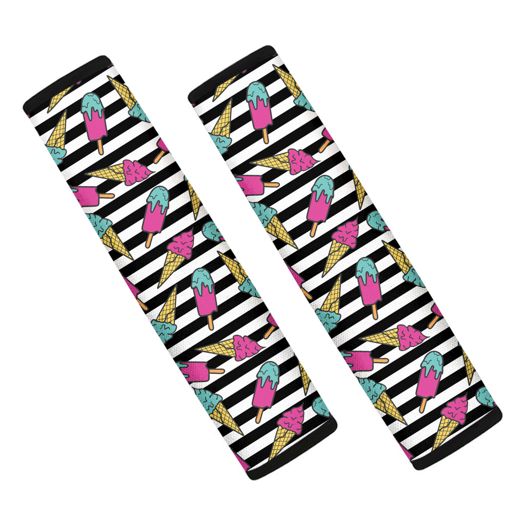 Black Striped Ice Cream Pattern Print Car Seat Belt Covers