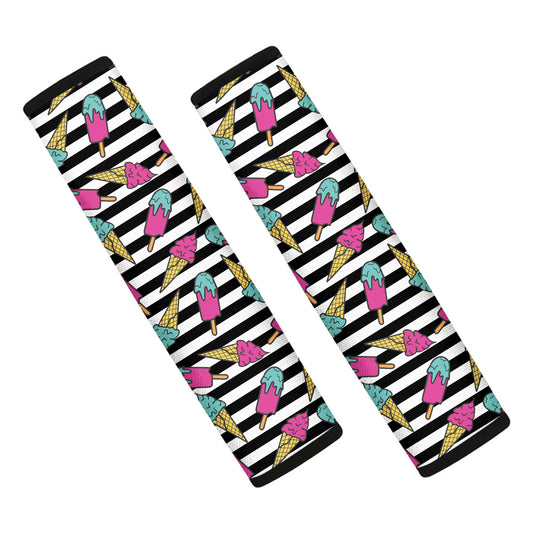 Black Striped Ice Cream Pattern Print Car Seat Belt Covers