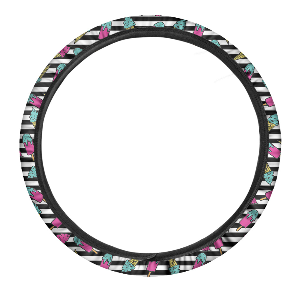 Black Striped Ice Cream Pattern Print Car Steering Wheel Cover