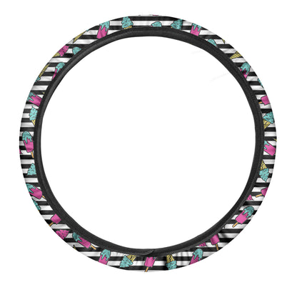 Black Striped Ice Cream Pattern Print Car Steering Wheel Cover