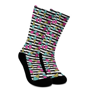 Black Striped Ice Cream Pattern Print Crew Socks