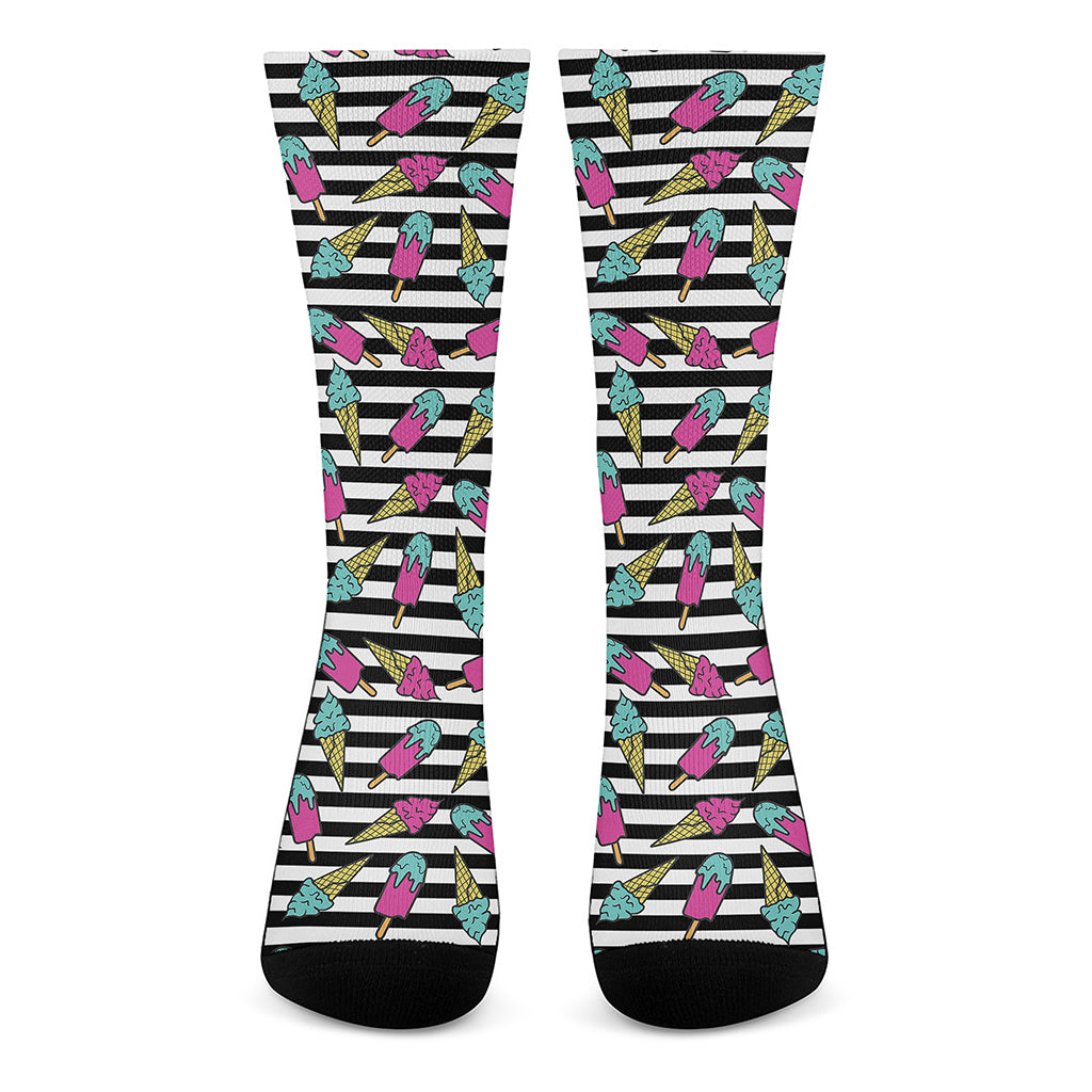 Black Striped Ice Cream Pattern Print Crew Socks