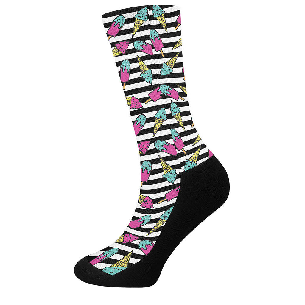 Black Striped Ice Cream Pattern Print Crew Socks