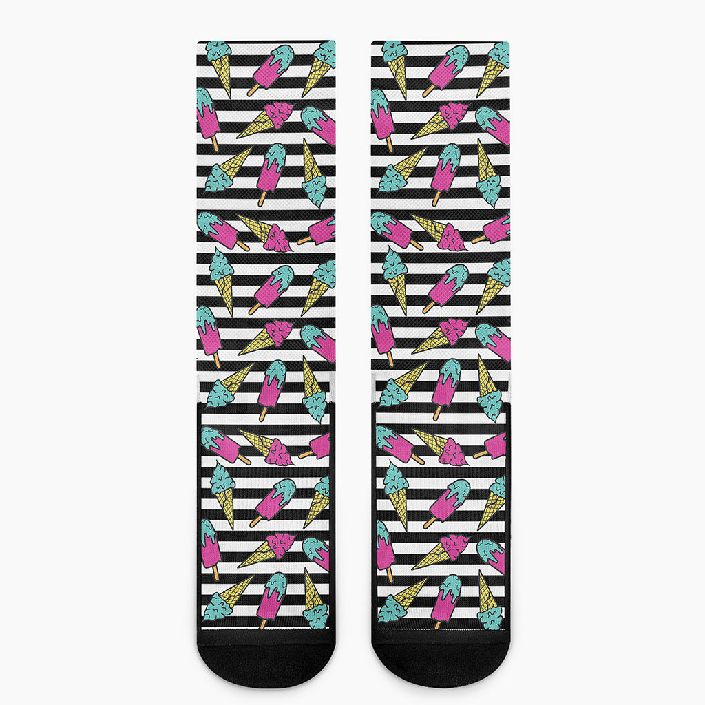 Black Striped Ice Cream Pattern Print Crew Socks