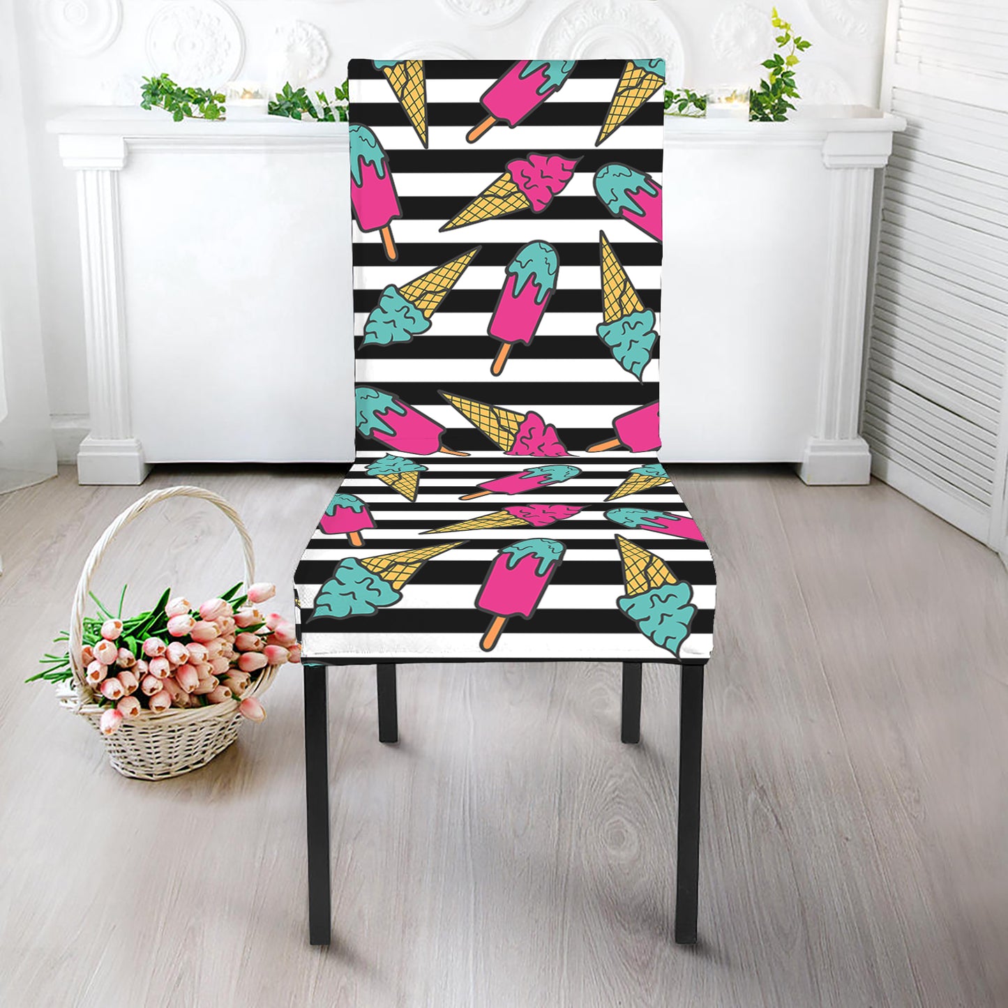 Black Striped Ice Cream Pattern Print Dining Chair Slipcover