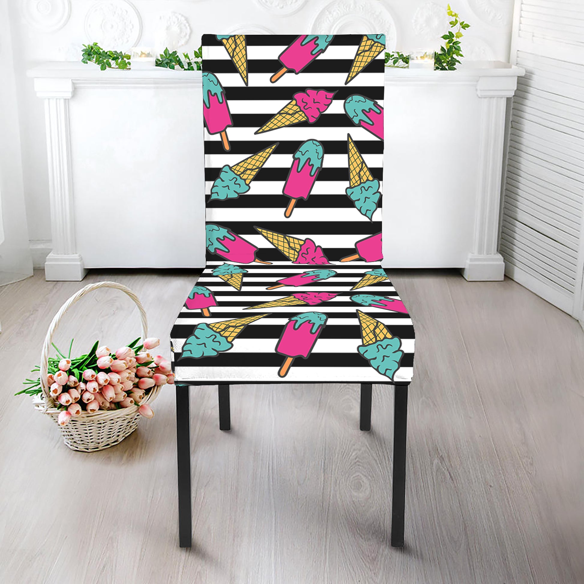 Black Striped Ice Cream Pattern Print Dining Chair Slipcover
