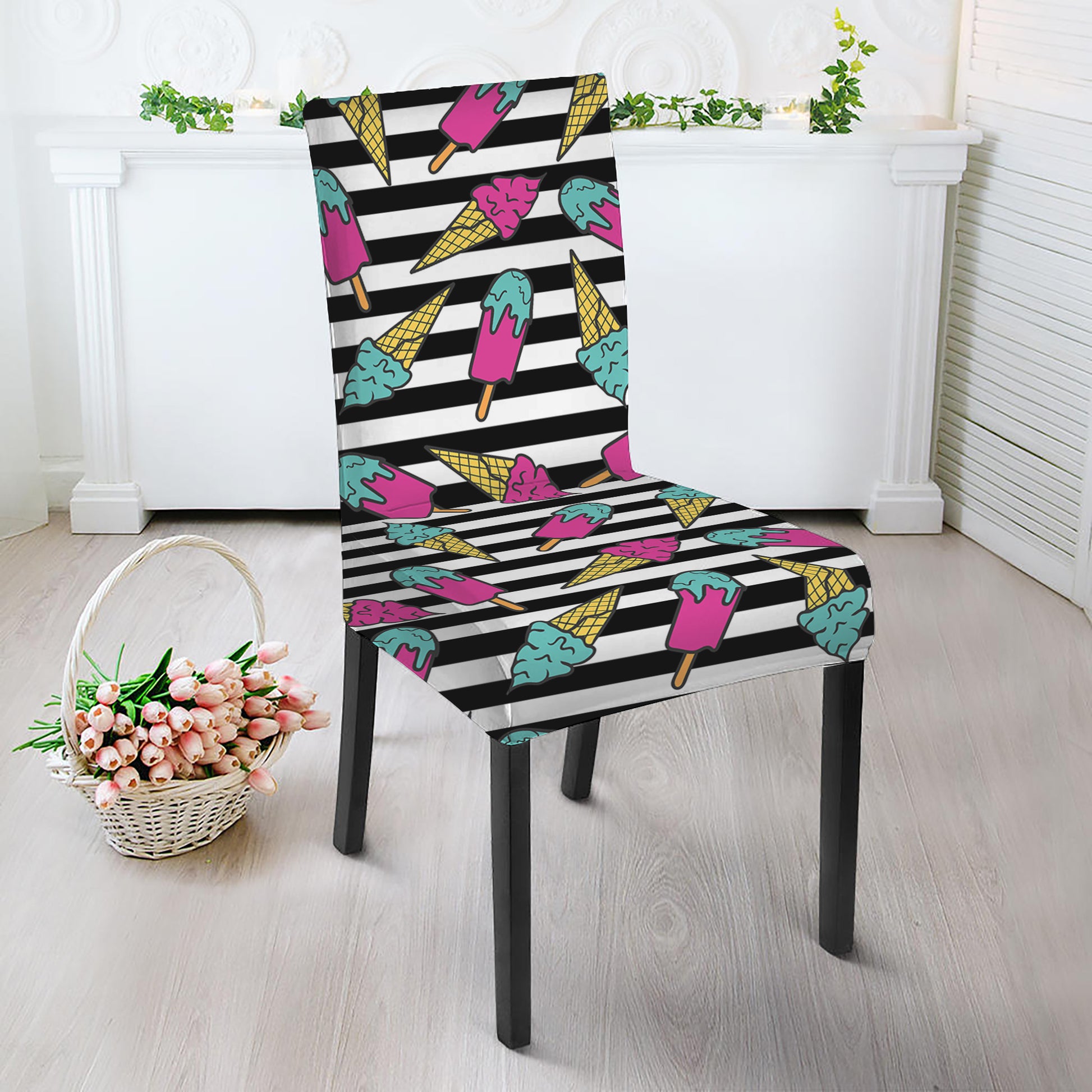 Black Striped Ice Cream Pattern Print Dining Chair Slipcover