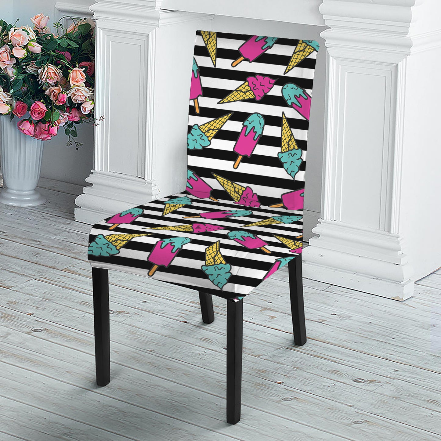 Black Striped Ice Cream Pattern Print Dining Chair Slipcover