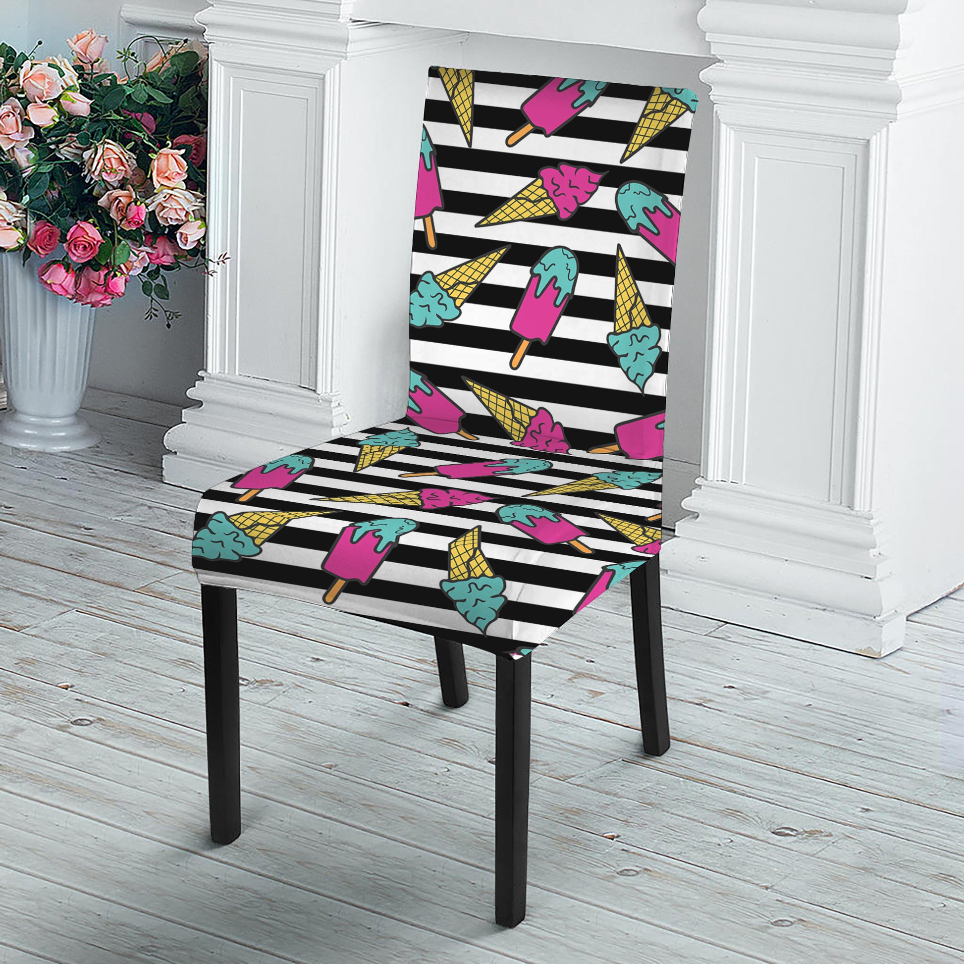 Black Striped Ice Cream Pattern Print Dining Chair Slipcover