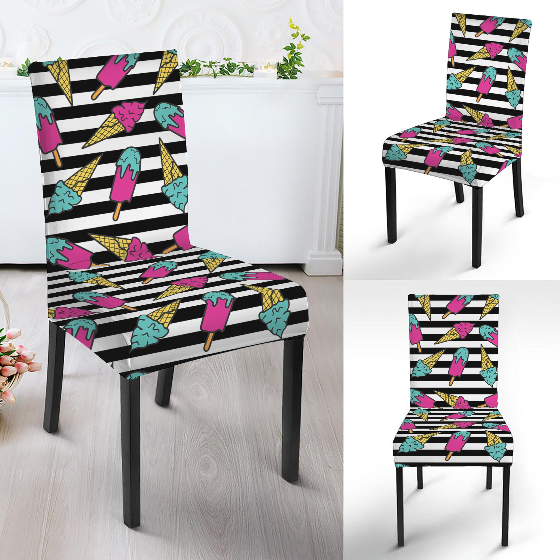 Black Striped Ice Cream Pattern Print Dining Chair Slipcover