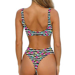 Black Striped Ice Cream Pattern Print Front Bow Tie Bikini