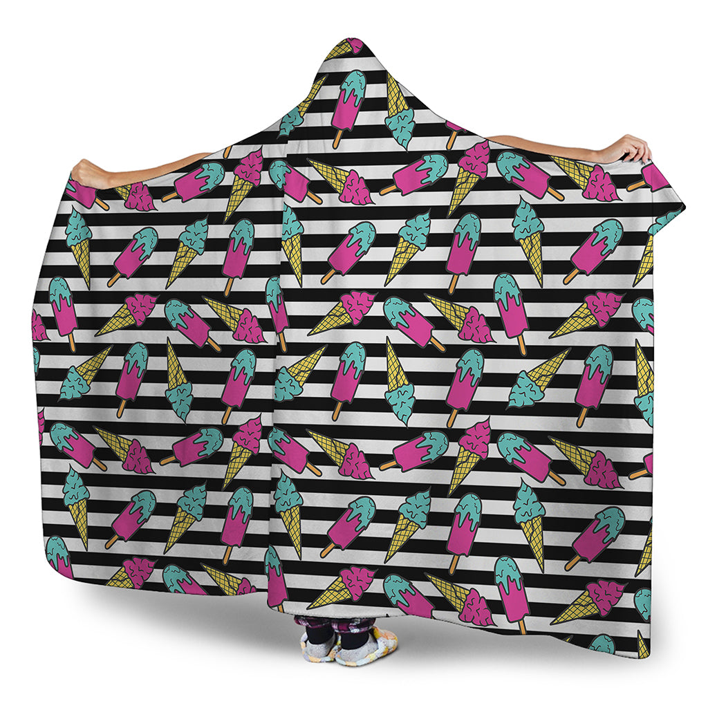 Black Striped Ice Cream Pattern Print Hooded Blanket