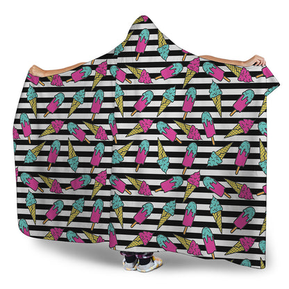 Black Striped Ice Cream Pattern Print Hooded Blanket
