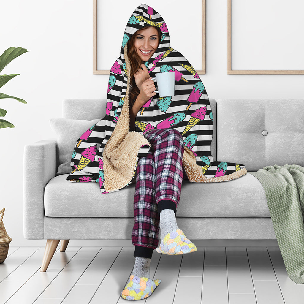 Black Striped Ice Cream Pattern Print Hooded Blanket