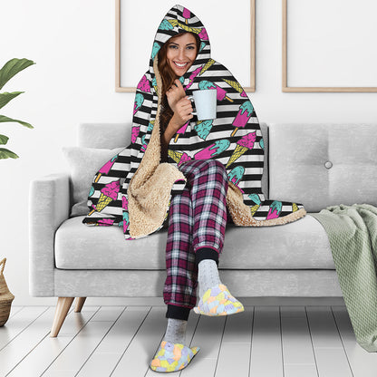 Black Striped Ice Cream Pattern Print Hooded Blanket
