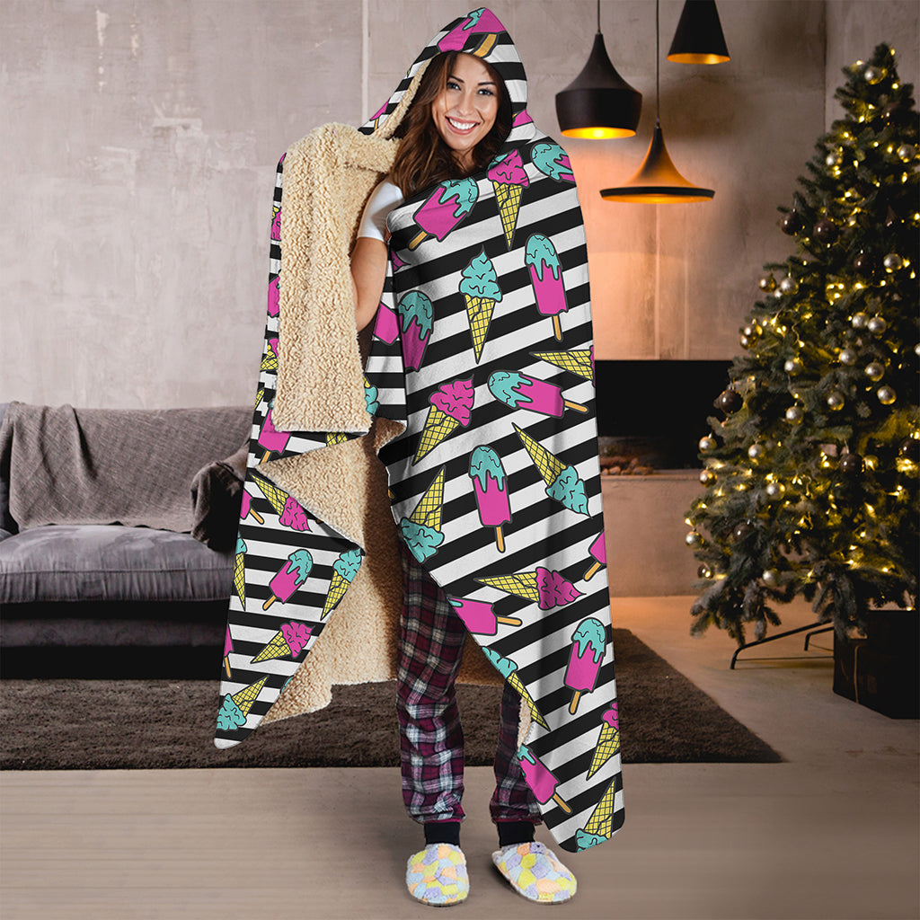 Black Striped Ice Cream Pattern Print Hooded Blanket