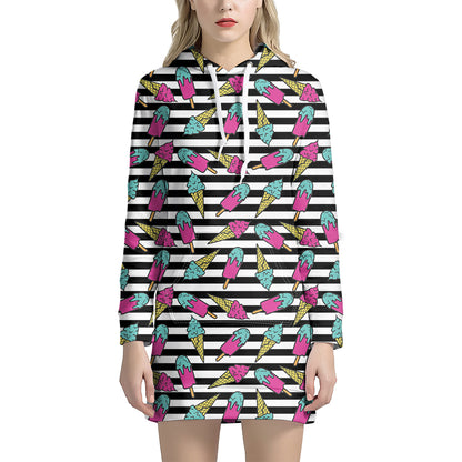 Black Striped Ice Cream Pattern Print Hoodie Dress