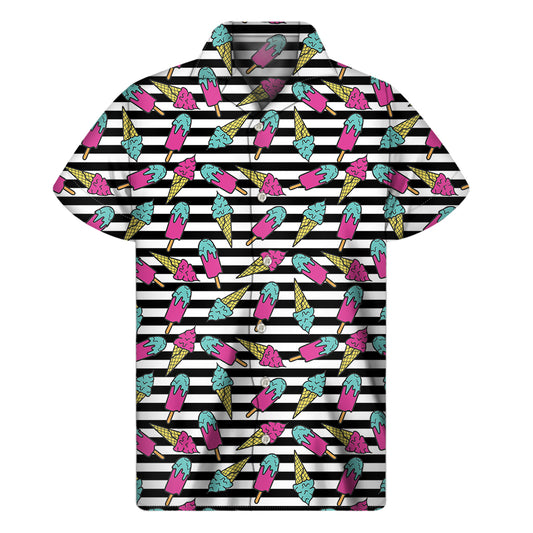Black Striped Ice Cream Pattern Print Men's Short Sleeve Shirt