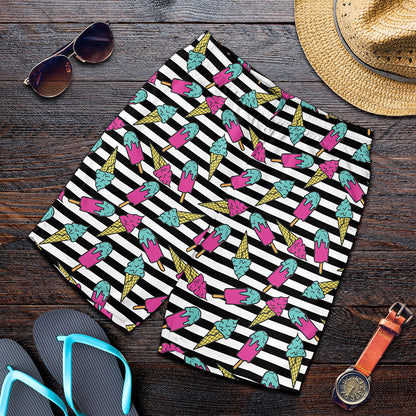 Black Striped Ice Cream Pattern Print Men's Shorts