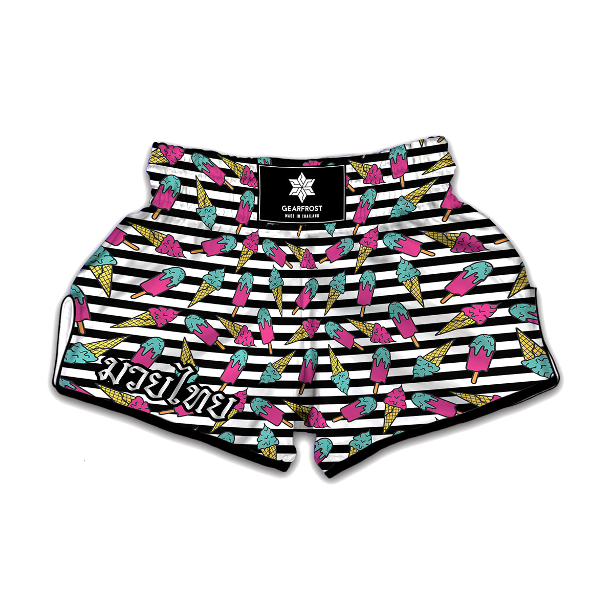 Black Striped Ice Cream Pattern Print Muay Thai Boxing Shorts