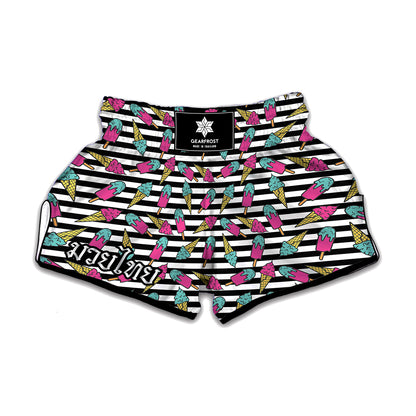 Black Striped Ice Cream Pattern Print Muay Thai Boxing Shorts