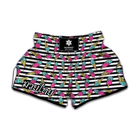 Black Striped Ice Cream Pattern Print Muay Thai Boxing Shorts