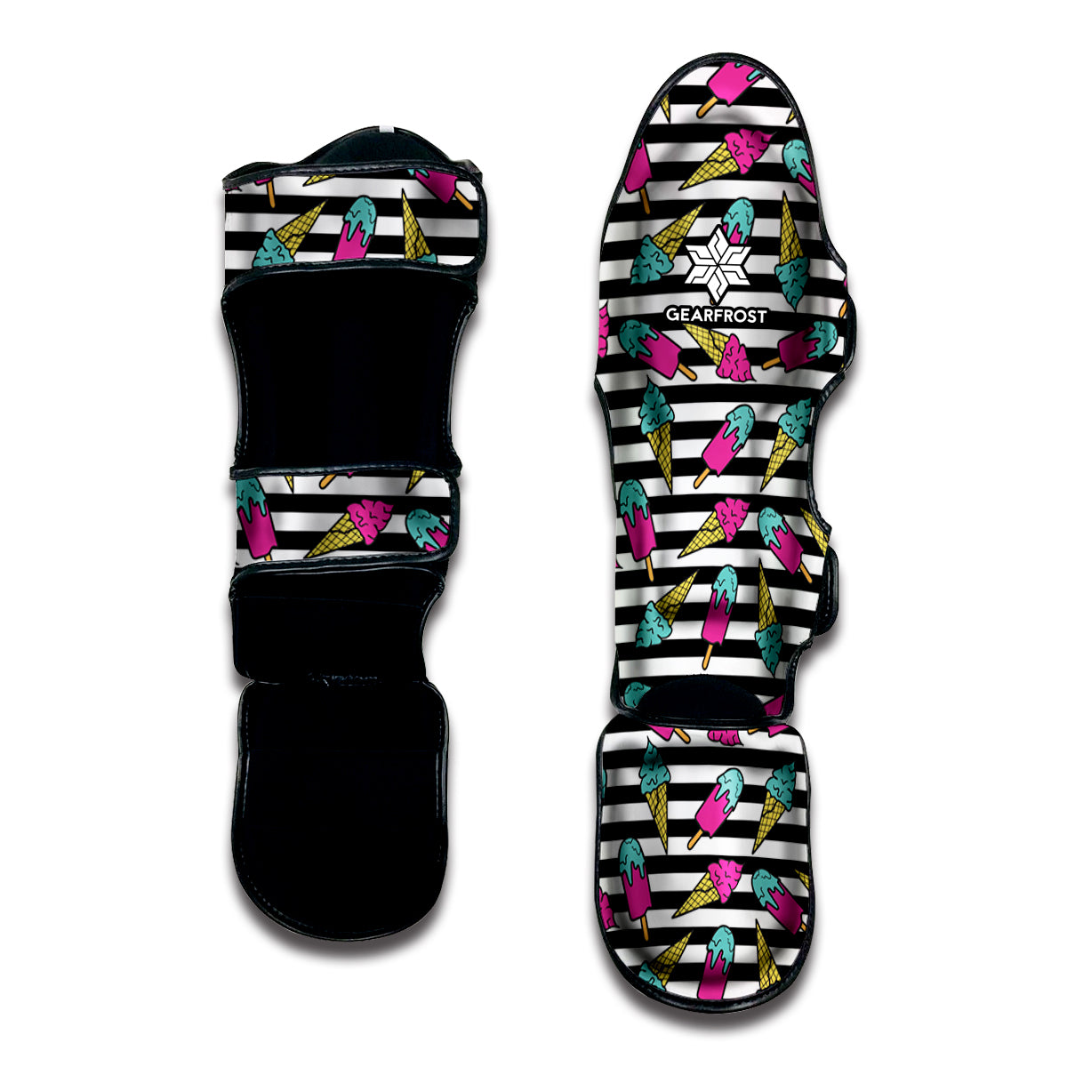 Black Striped Ice Cream Pattern Print Muay Thai Shin Guard